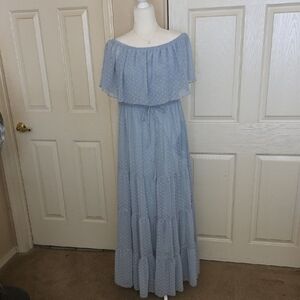 Elegant Blue Off-Shoulder Dot Pattern Maxi Dress